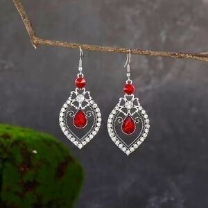 Red And White Crystal Flower Drop Earrings